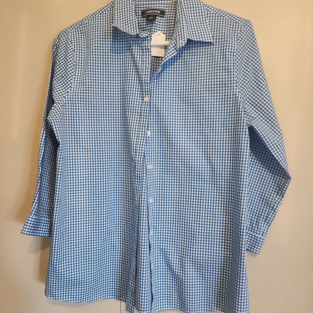 U41   Lands End No Iron Supima button up shirt 3/4 length sleeve blue/white chec